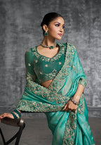 Monjolika Fashion Turquoise Tissue Traditional Saree with Embroidered, Resham and Thread Work for Ceremonial - Distacart