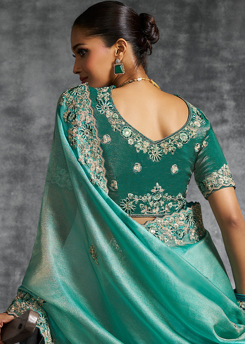Monjolika Fashion Turquoise Tissue Traditional Saree with Embroidered, Resham and Thread Work for Ceremonial - Distacart