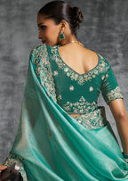 Monjolika Fashion Turquoise Tissue Traditional Saree with Embroidered, Resham and Thread Work for Ceremonial - Distacart