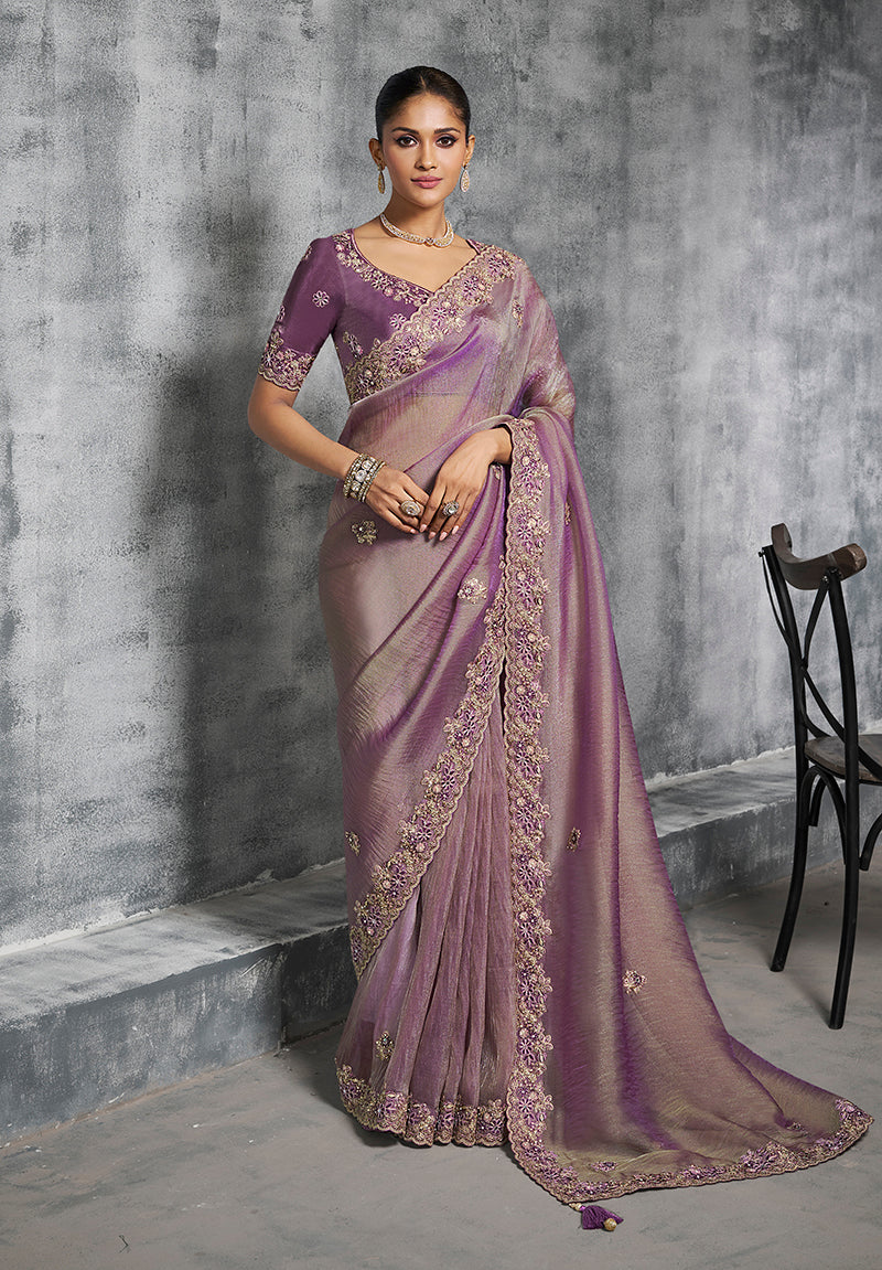 Monjolika Fashion Mauve Tissue Traditional Saree with Embroidered, Resham and Thread Work for Ceremonial - Distacart