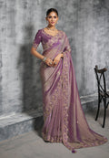 Monjolika Fashion Mauve Tissue Traditional Saree with Embroidered, Resham and Thread Work for Ceremonial - Distacart