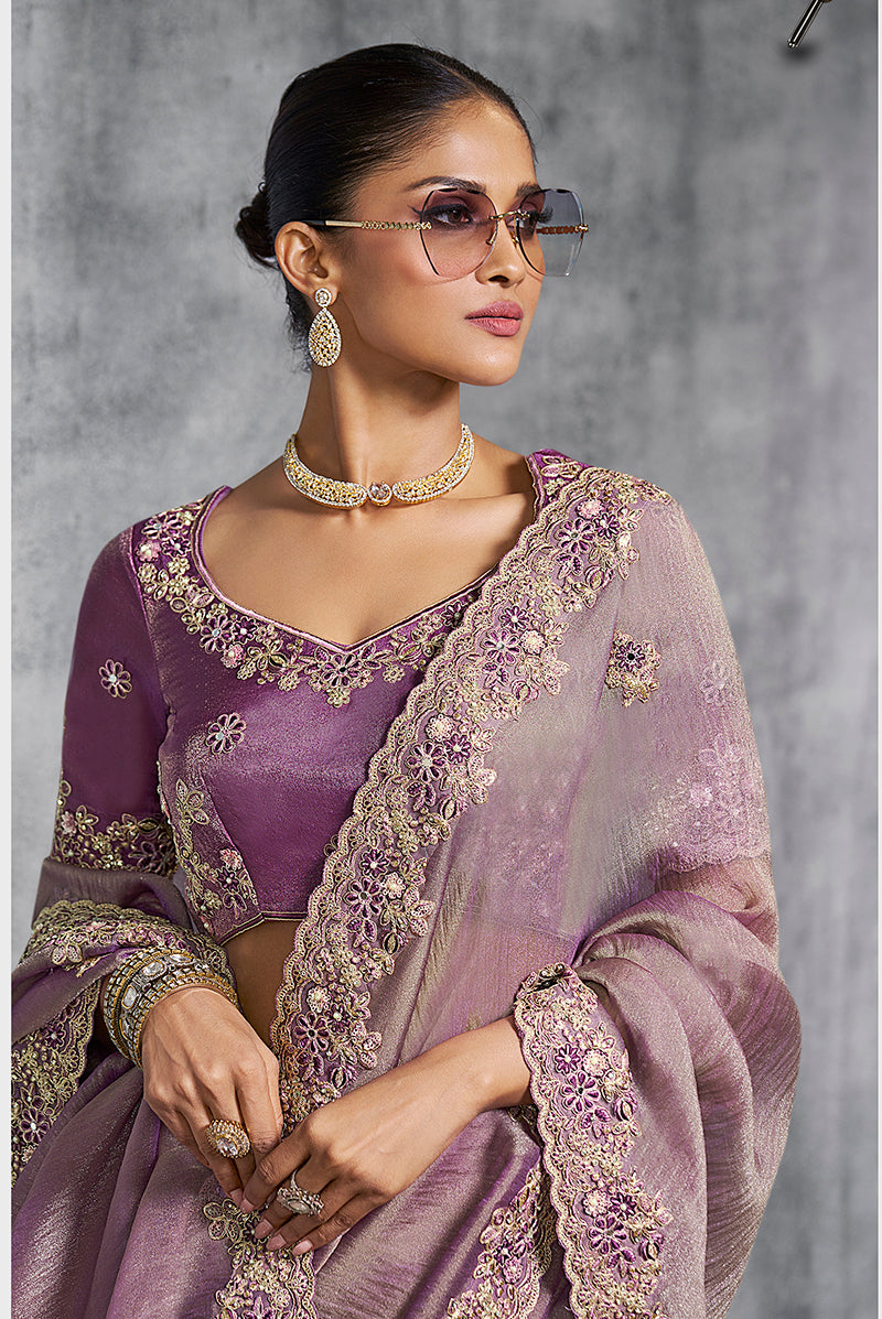 Monjolika Fashion Mauve Tissue Traditional Saree with Embroidered, Resham and Thread Work for Ceremonial - Distacart