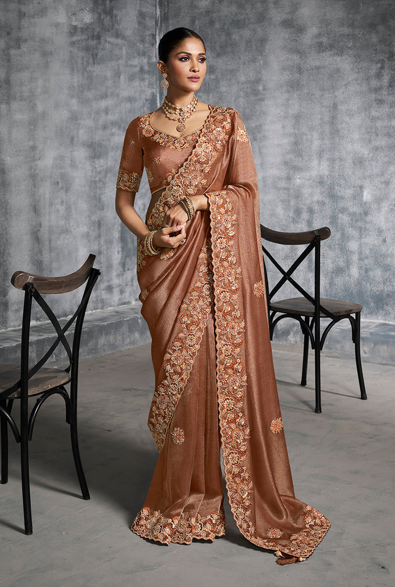 Monjolika Fashion Brown Tissue Traditional Saree with Embroidered, Resham and Thread Work for Ceremonial - Distacart