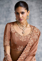 Monjolika Fashion Brown Tissue Traditional Saree with Embroidered, Resham and Thread Work for Ceremonial - Distacart