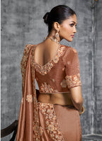Monjolika Fashion Brown Tissue Traditional Saree with Embroidered, Resham and Thread Work for Ceremonial - Distacart