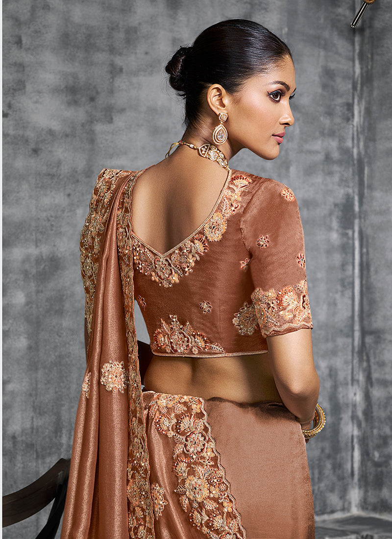 Monjolika Fashion Brown Tissue Traditional Saree with Embroidered, Resham and Thread Work for Ceremonial - Distacart