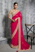 Monjolika Fashion Hot Pink Embroidered and Lace Work Rangoli Satin Contemporary Sari - Distacart
