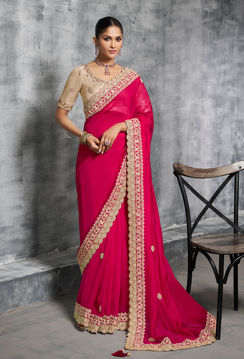 Monjolika Fashion Hot Pink Embroidered and Lace Work Rangoli Satin Contemporary Sari - Distacart
