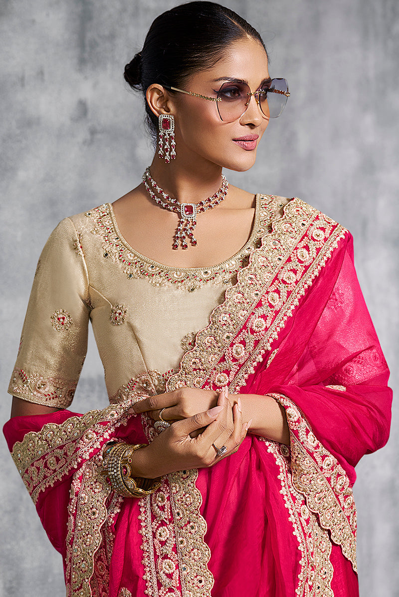 Monjolika Fashion Hot Pink Embroidered and Lace Work Rangoli Satin Contemporary Sari - Distacart