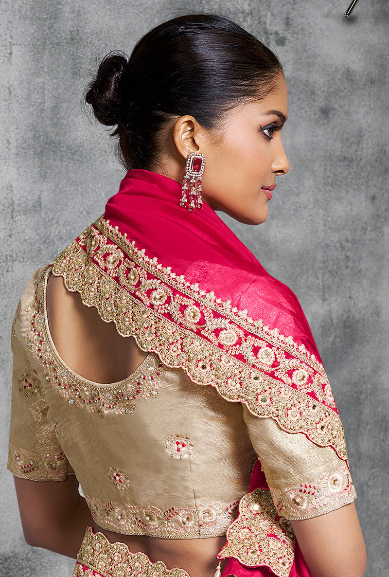 Monjolika Fashion Hot Pink Embroidered and Lace Work Rangoli Satin Contemporary Sari - Distacart