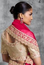 Monjolika Fashion Hot Pink Embroidered and Lace Work Rangoli Satin Contemporary Sari - Distacart