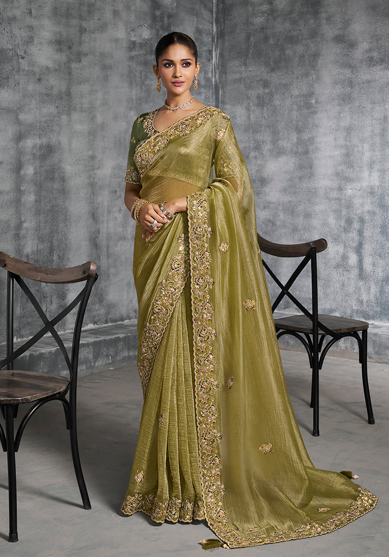 Monjolika Fashion Olive Green Tissue Traditional Saree with Embroidered, Resham and Thread Work for Ceremonial - Distacart