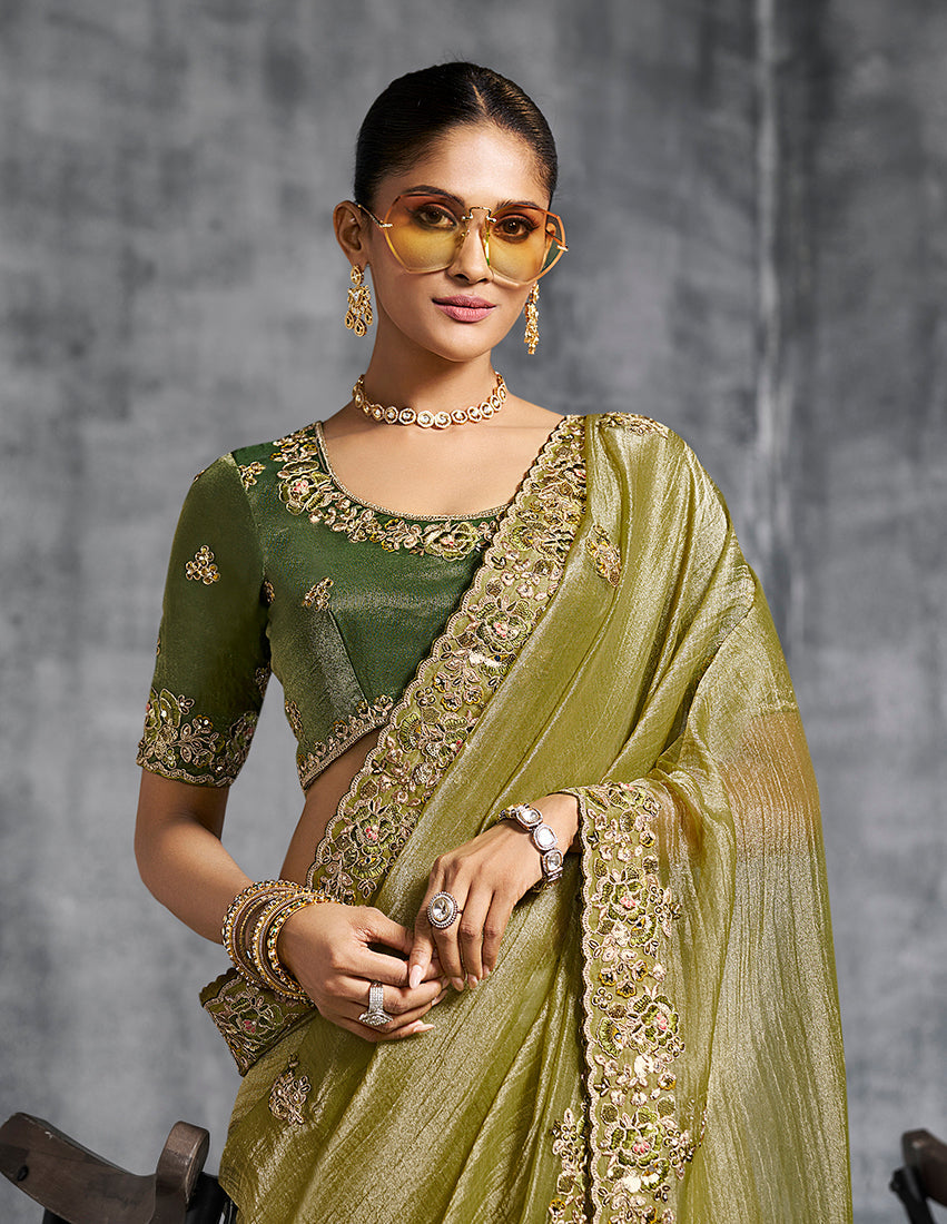 Monjolika Fashion Olive Green Tissue Traditional Saree with Embroidered, Resham and Thread Work for Ceremonial - Distacart