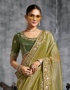 Monjolika Fashion Olive Green Tissue Traditional Saree with Embroidered, Resham and Thread Work for Ceremonial - Distacart