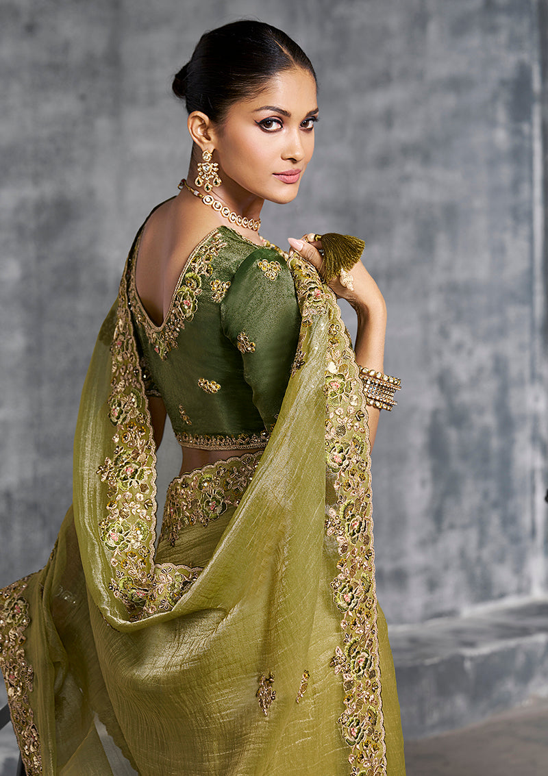 Monjolika Fashion Olive Green Tissue Traditional Saree with Embroidered, Resham and Thread Work for Ceremonial - Distacart