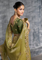 Monjolika Fashion Olive Green Tissue Traditional Saree with Embroidered, Resham and Thread Work for Ceremonial - Distacart