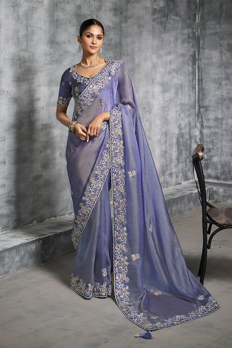 Monjolika Fashion Lavender Tissue Traditional Saree with Embroidered, Resham and Thread Work for Ceremonial - Distacart