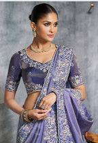 Monjolika Fashion Lavender Tissue Traditional Saree with Embroidered, Resham and Thread Work for Ceremonial - Distacart