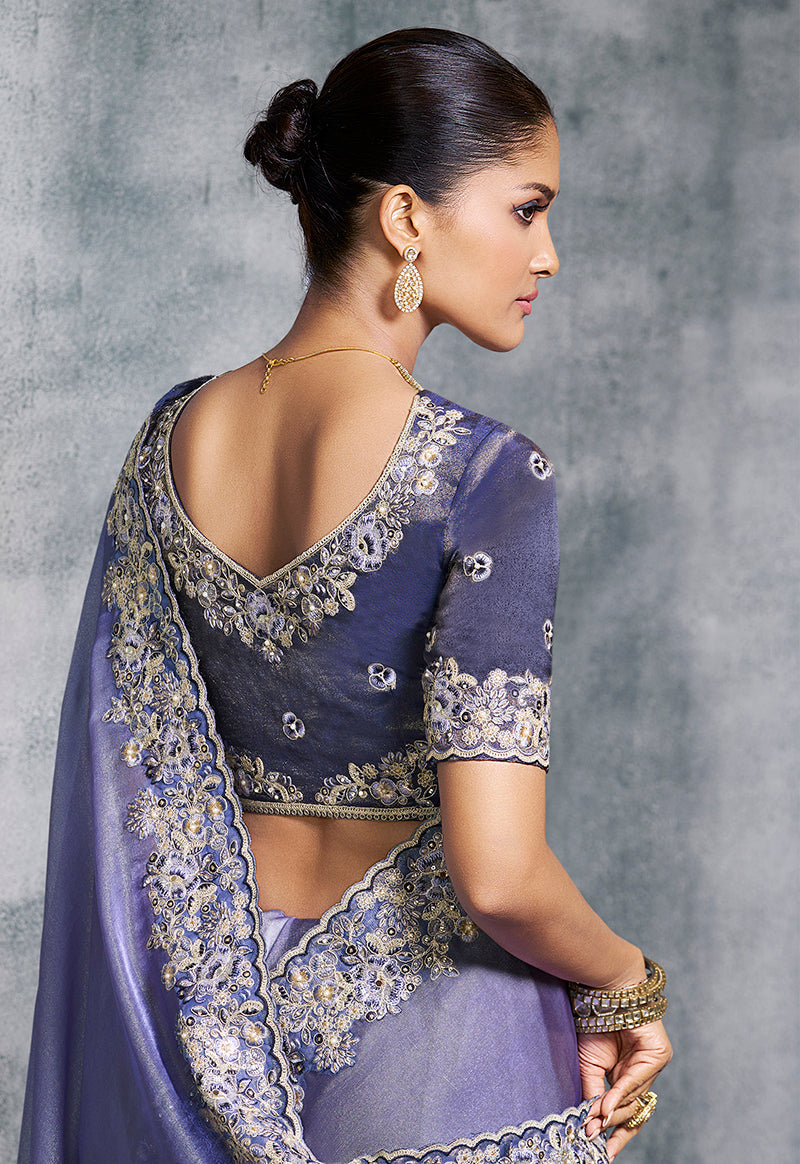 Monjolika Fashion Lavender Tissue Traditional Saree with Embroidered, Resham and Thread Work for Ceremonial - Distacart