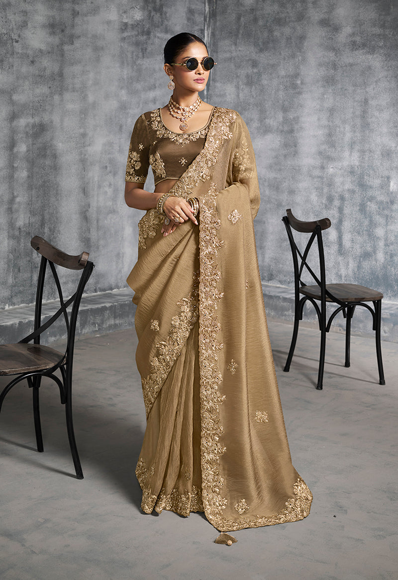 Monjolika Fashion Beige Tissue Traditional Saree with Embroidered, Resham and Thread Work for Ceremonial - Distacart