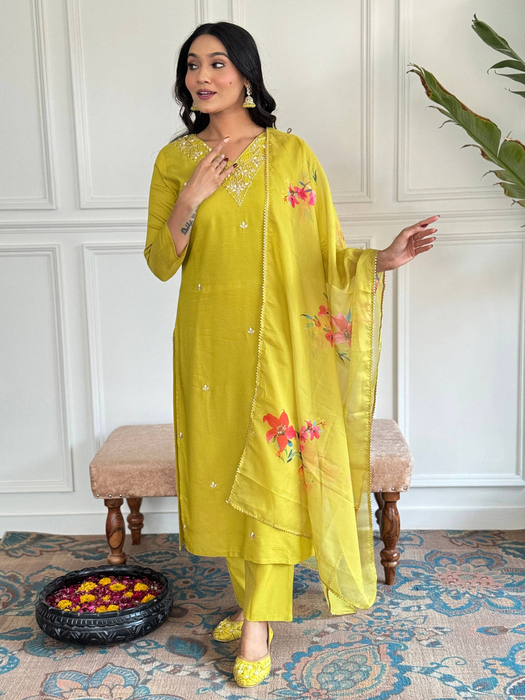 The52 Yellow Embroidered Rayon Slub Fabric Straight Kurta, Pant and Dupatta Set - Distacart