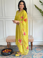 The52 Yellow Embroidered Rayon Slub Fabric Straight Kurta, Pant and Dupatta Set - Distacart