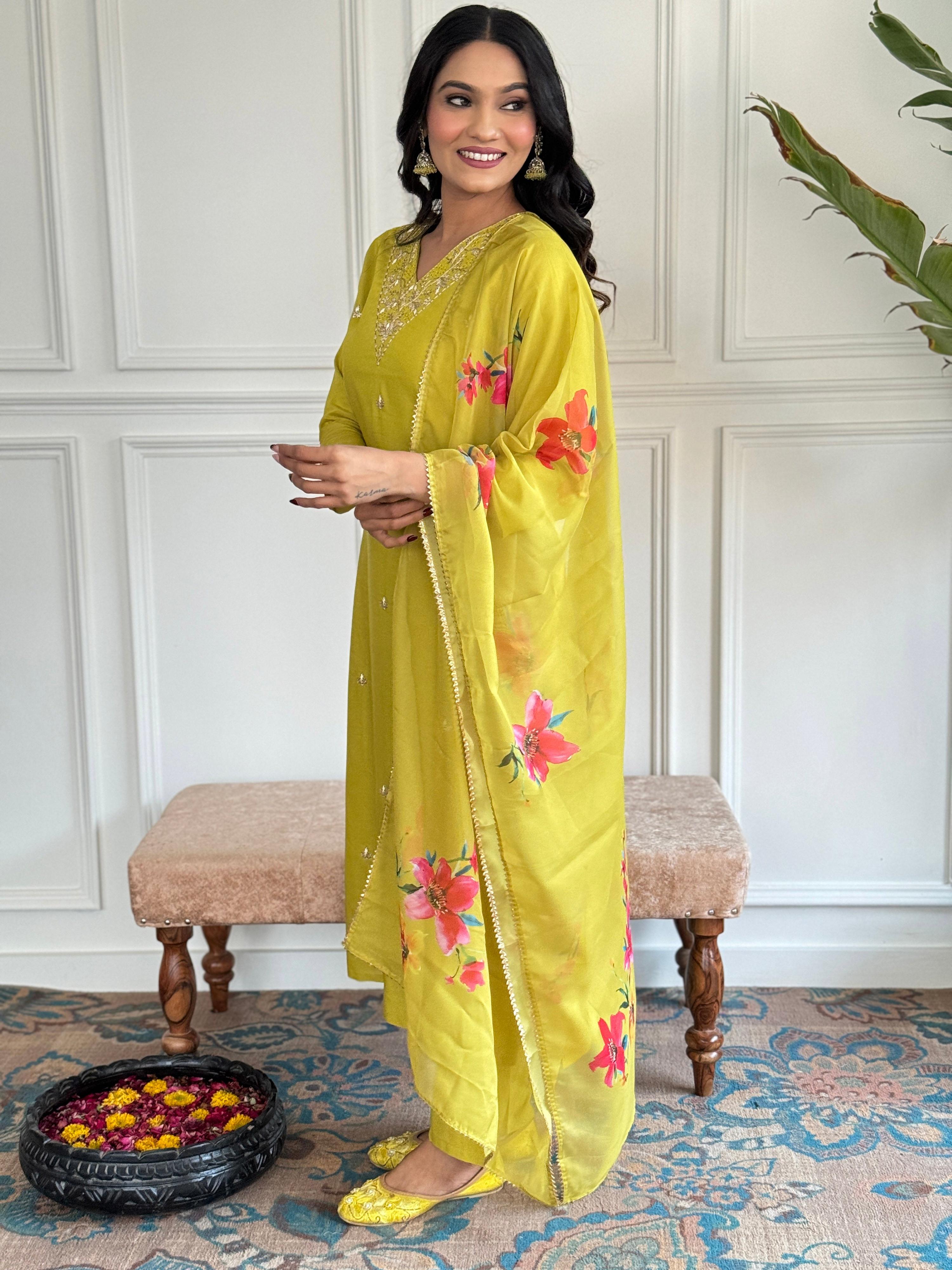 The52 Yellow Embroidered Rayon Slub Fabric Straight Kurta, Pant and Dupatta Set - Distacart