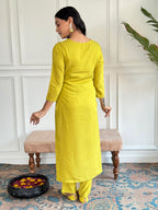 The52 Yellow Embroidered Rayon Slub Fabric Straight Kurta, Pant and Dupatta Set - Distacart