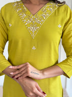 The52 Yellow Embroidered Rayon Slub Fabric Straight Kurta, Pant and Dupatta Set - Distacart