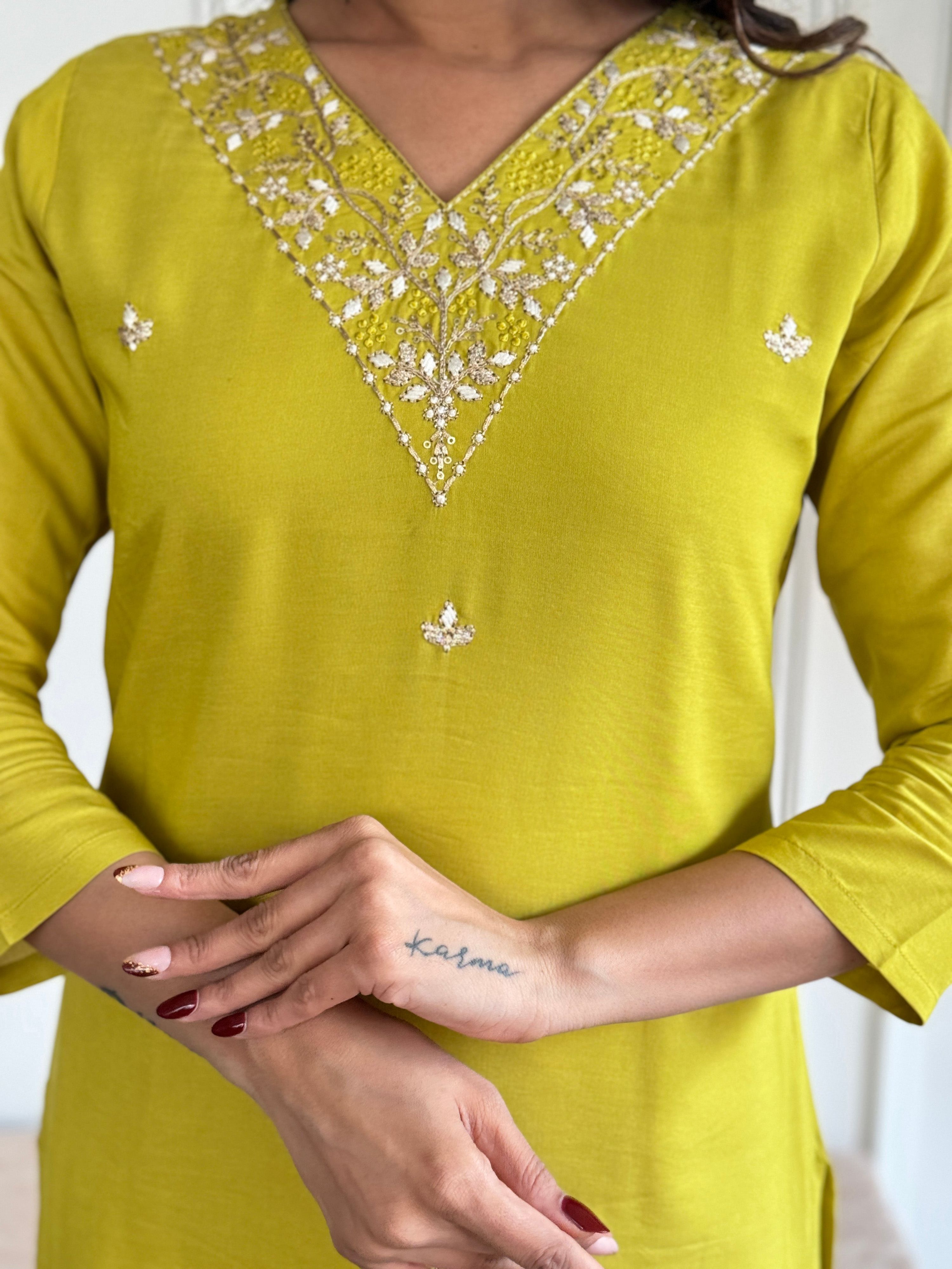 The52 Yellow Embroidered Rayon Slub Fabric Straight Kurta, Pant and Dupatta Set - Distacart