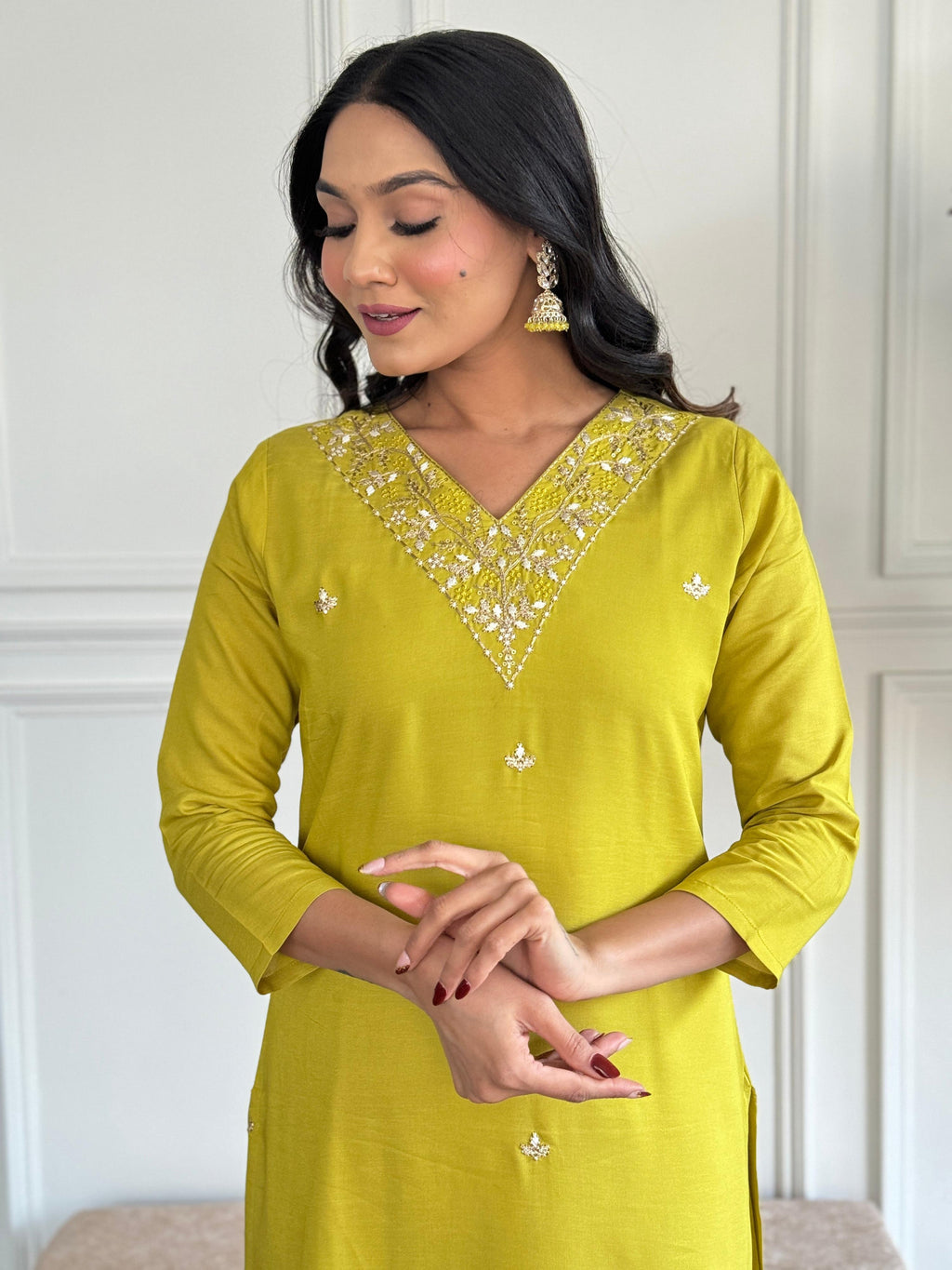 The52 Yellow Embroidered Rayon Slub Fabric Straight Kurta, Pant and Dupatta Set - Distacart