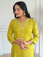 The52 Yellow Embroidered Rayon Slub Fabric Straight Kurta, Pant and Dupatta Set - Distacart
