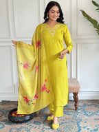 The52 Yellow Embroidered Rayon Slub Fabric Straight Kurta, Pant and Dupatta Set - Distacart
