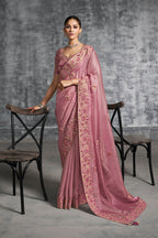Monjolika Fashion Pink Tissue Traditional Saree with Embroidered, Resham and Thread Work for Ceremonial - Distacart