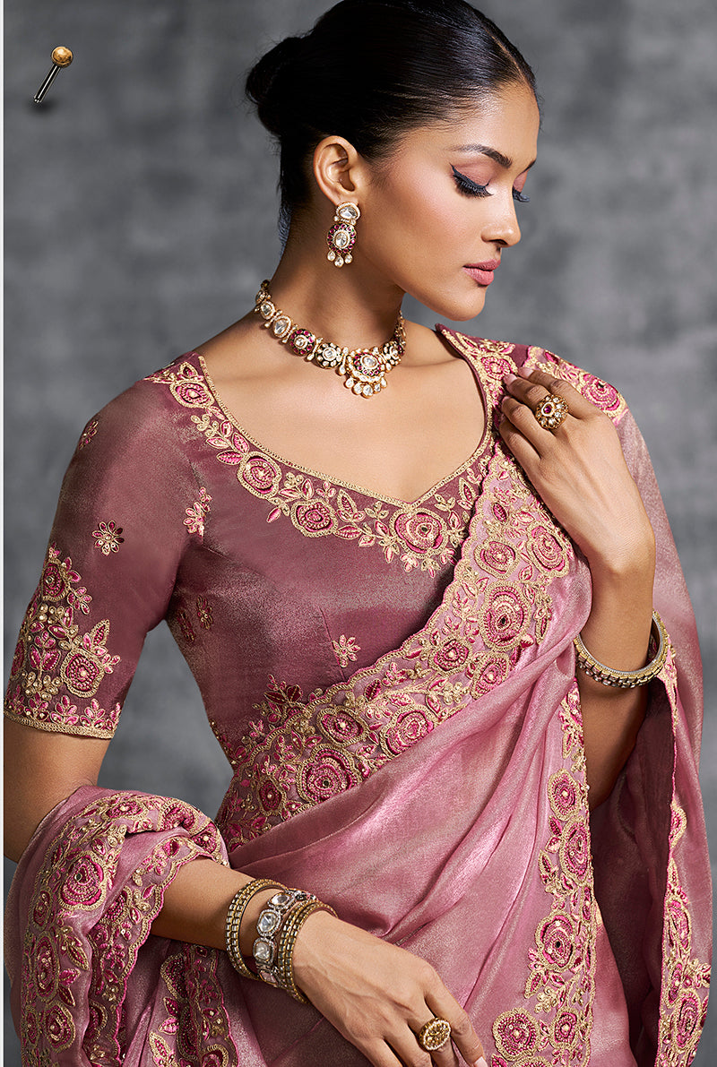 Monjolika Fashion Pink Tissue Traditional Saree with Embroidered, Resham and Thread Work for Ceremonial - Distacart