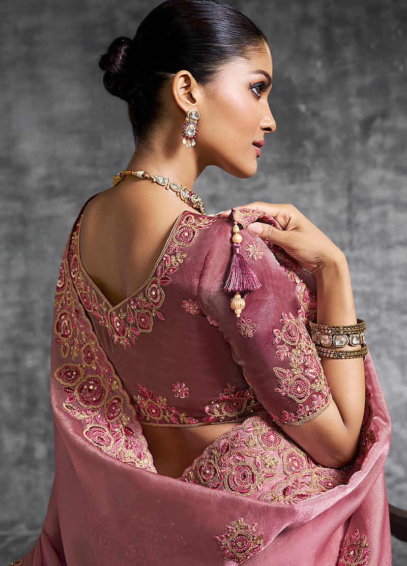 Monjolika Fashion Pink Tissue Traditional Saree with Embroidered, Resham and Thread Work for Ceremonial - Distacart