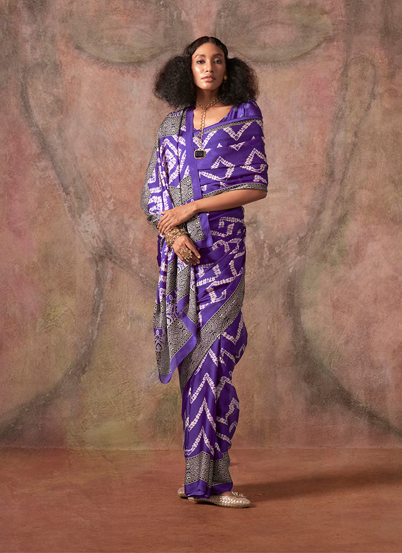 Monjolika Fashion Purple Color Ajrakh Print With Bandhej Pattern Satin Georgette Saree - Distacart