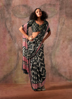 Monjolika Fashion Black Color Ajrakh Print With Bandhej Pattern Satin Georgette Saree - Distacart