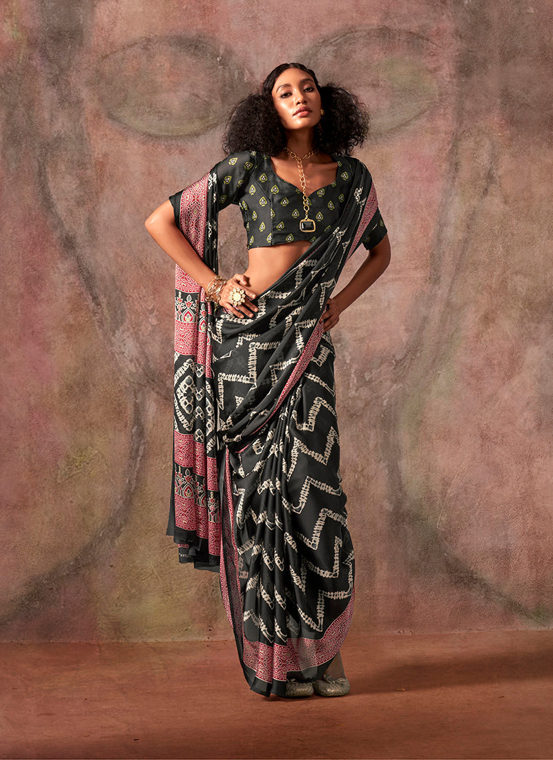 Monjolika Fashion Black Color Ajrakh Print With Bandhej Pattern Satin Georgette Saree - Distacart