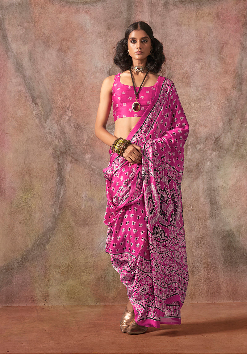 Monjolika Fashion Pink Color Ajrakh Print With Bandhej Pattern Satin Georgette Saree - Distacart