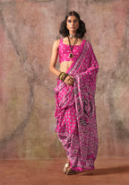 Monjolika Fashion Pink Color Ajrakh Print With Bandhej Pattern Satin Georgette Saree - Distacart