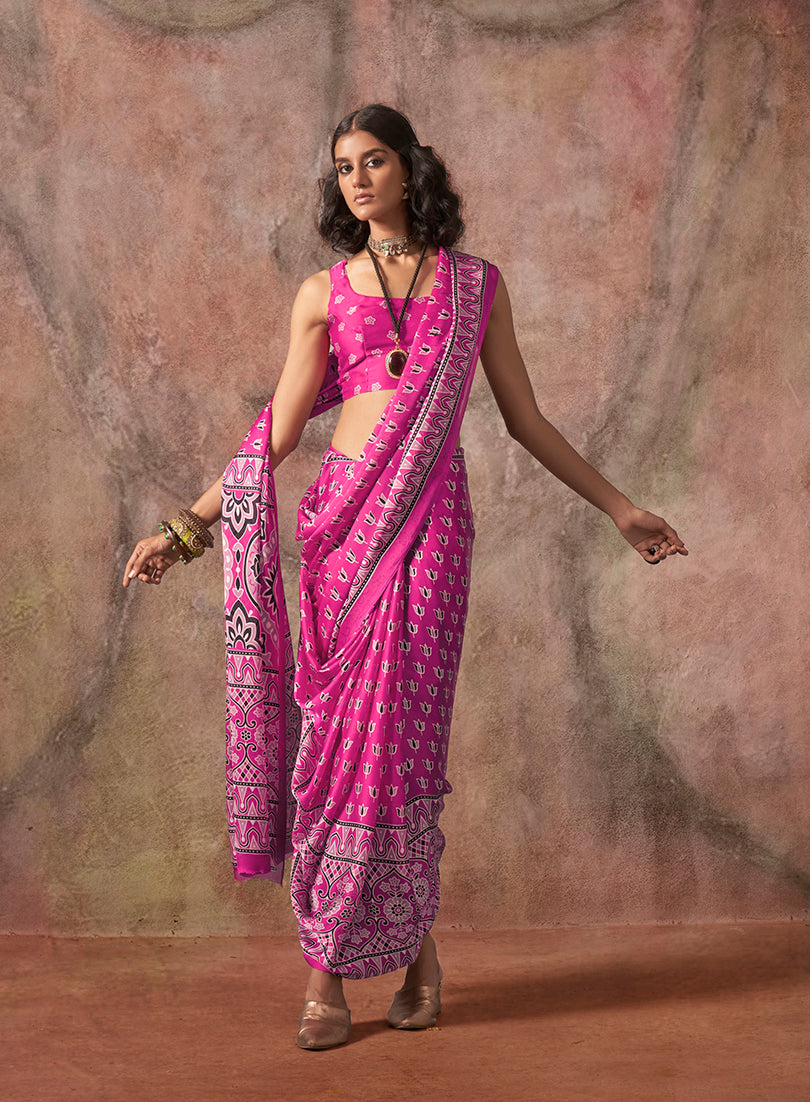 Monjolika Fashion Pink Color Ajrakh Print With Bandhej Pattern Satin Georgette Saree - Distacart
