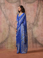 Monjolika Fashion Blue Color Ajrakh Print With Bandhej Pattern Satin Georgette Saree - Distacart