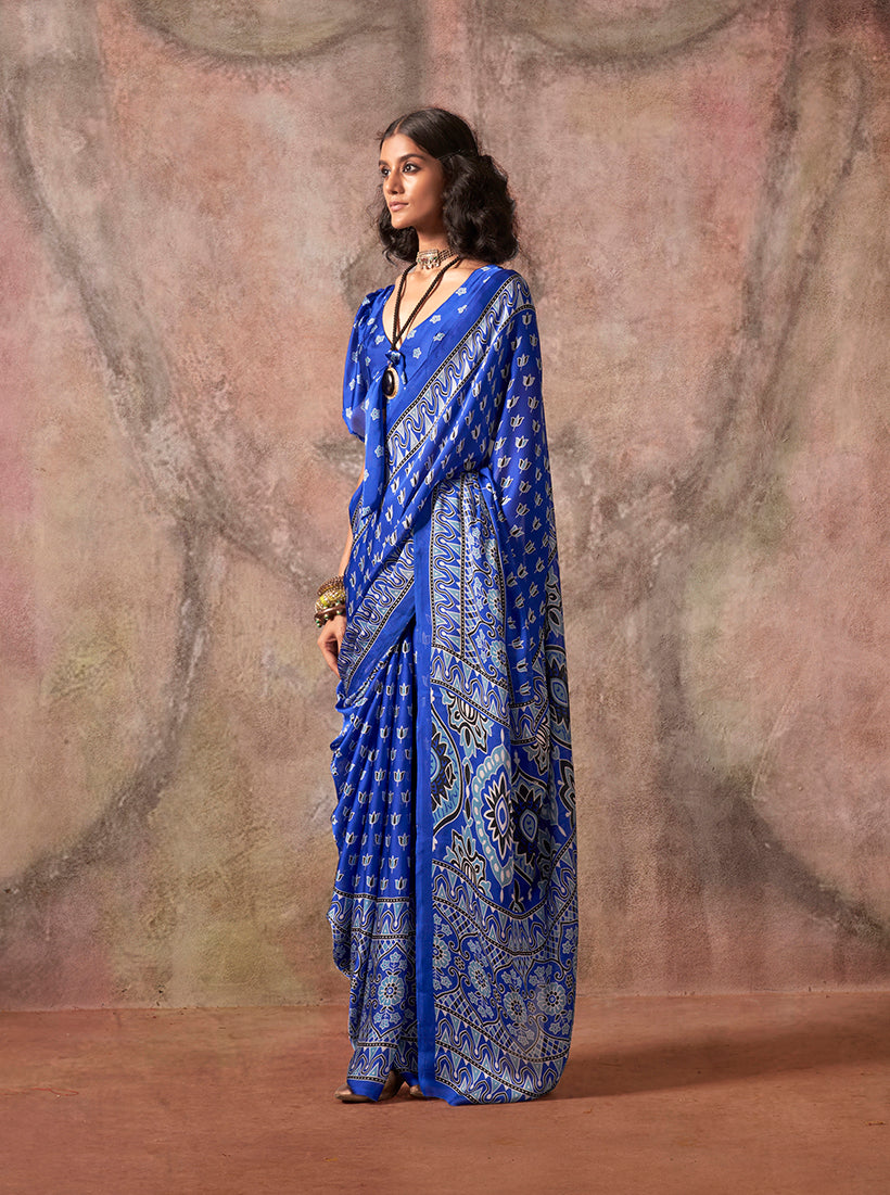 Monjolika Fashion Blue Color Ajrakh Print With Bandhej Pattern Satin Georgette Saree - Distacart