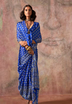 Monjolika Fashion Blue Color Ajrakh Print With Bandhej Pattern Satin Georgette Saree - Distacart