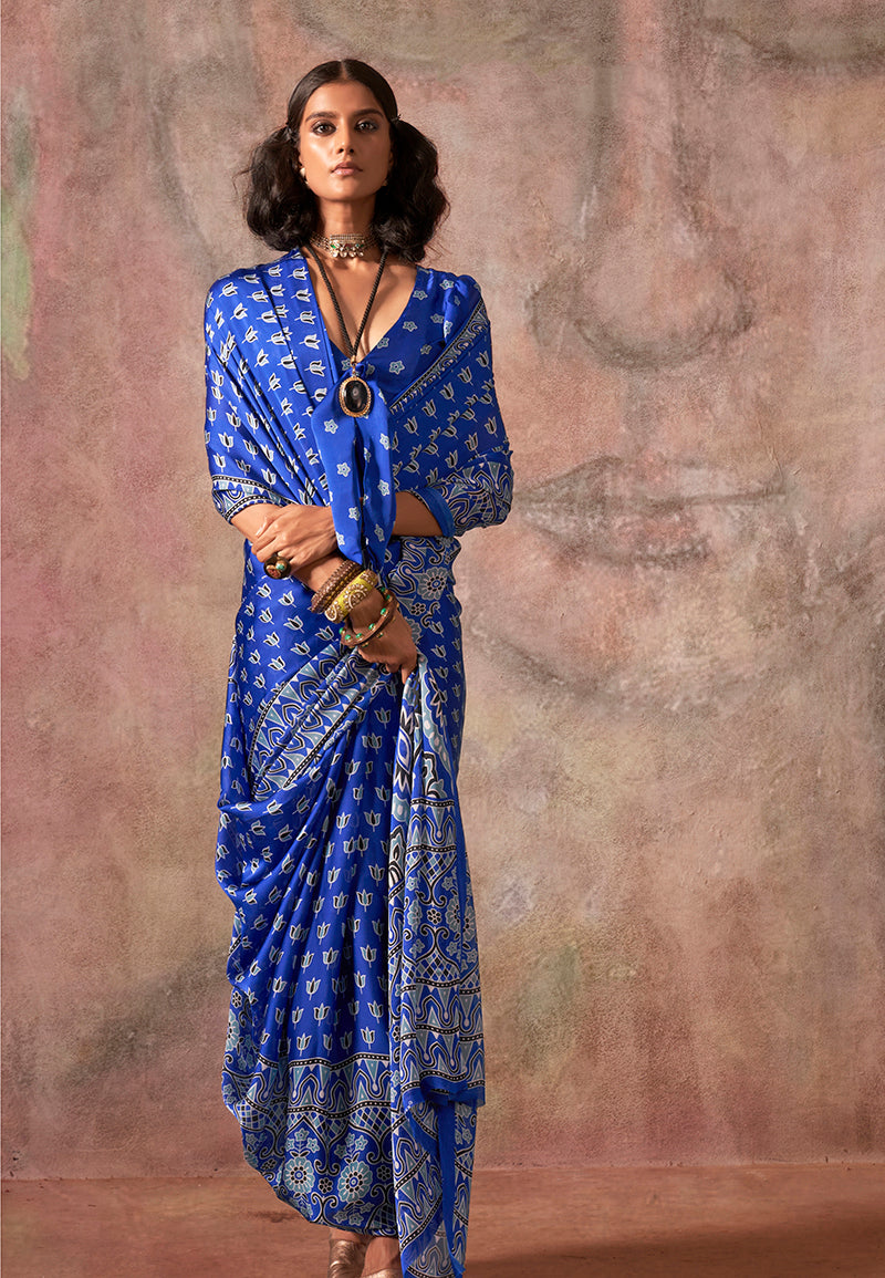 Monjolika Fashion Blue Color Ajrakh Print With Bandhej Pattern Satin Georgette Saree - Distacart