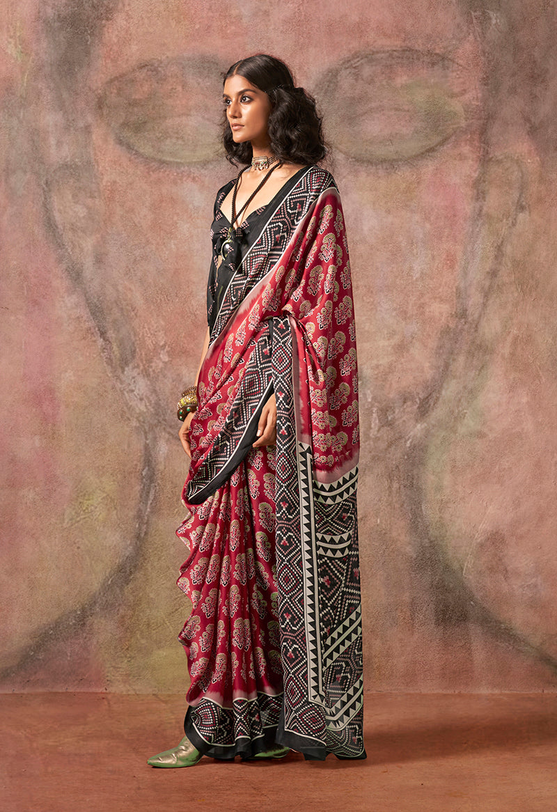 Monjolika Fashion Red & Black Color Ajrakh Print With Bandhej Pattern Satin Georgette Saree - Distacart