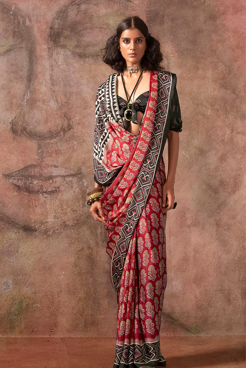 Monjolika Fashion Red & Black Color Ajrakh Print With Bandhej Pattern Satin Georgette Saree - Distacart