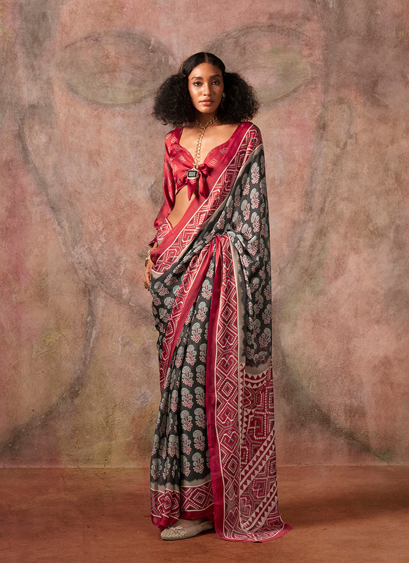 Monjolika Fashion Black & Red Color Ajrakh Print With Bandhej Pattern Satin Georgette Saree - Distacart