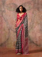 Monjolika Fashion Black & Red Color Ajrakh Print With Bandhej Pattern Satin Georgette Saree - Distacart